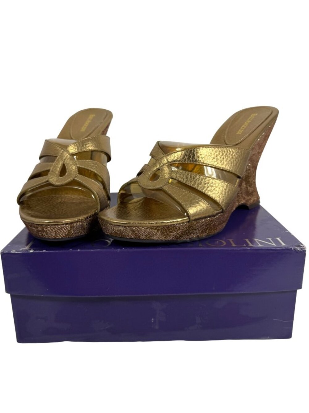 NIB Enzo Angiolini Bronze Gold Leather Platform Wedge Slide Sandals Size 10M